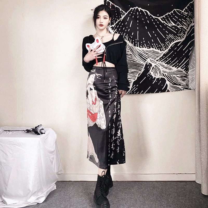 [Miyakoya Series]★China style skirt★Bottoms Kanji pattern Black Black human pattern print Slimming and easy to match