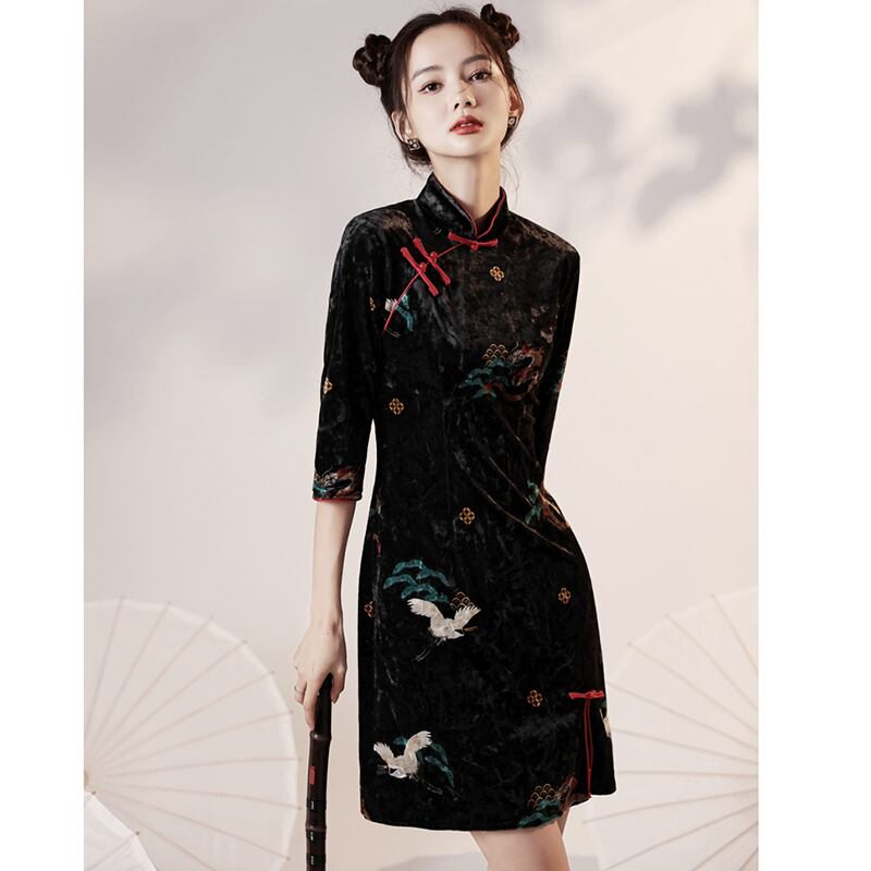 [YUEQIAO Series]★Cheongsam dress★Short length crane velvet Chinese style dress slimming