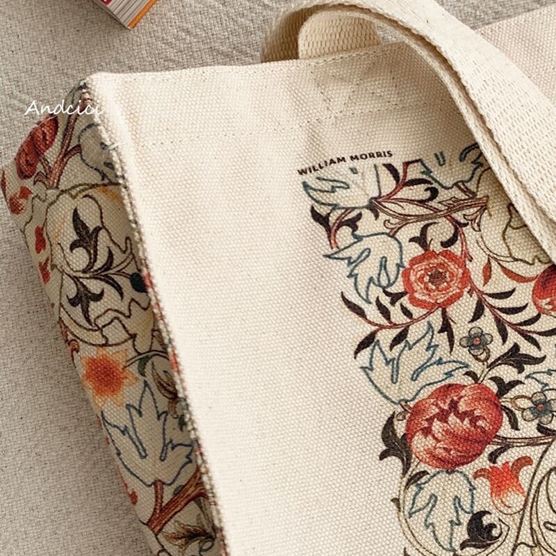 [Andcici Series]★Bag★ Tote bag, canvas bag, large capacity, date, floral pattern, oil painting style, commuting to work or school, beige, cute