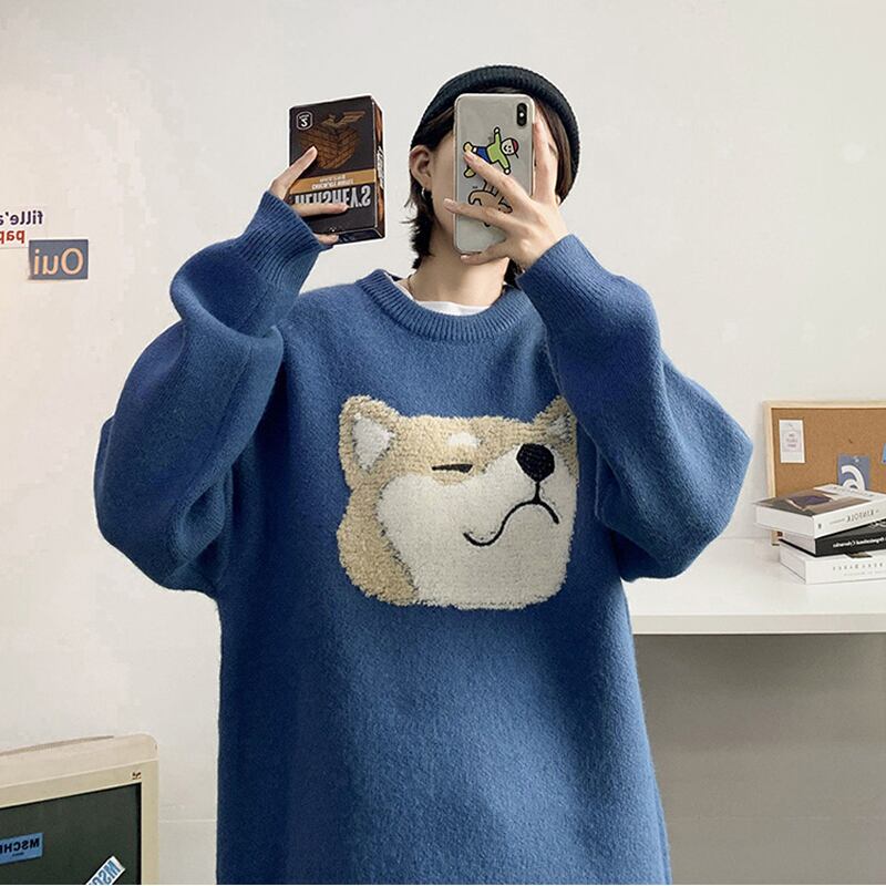 [Emeisa Series] ★Sweater★ 3color Knit Tops Unisex Men's Dog Animal Black Gray Blue