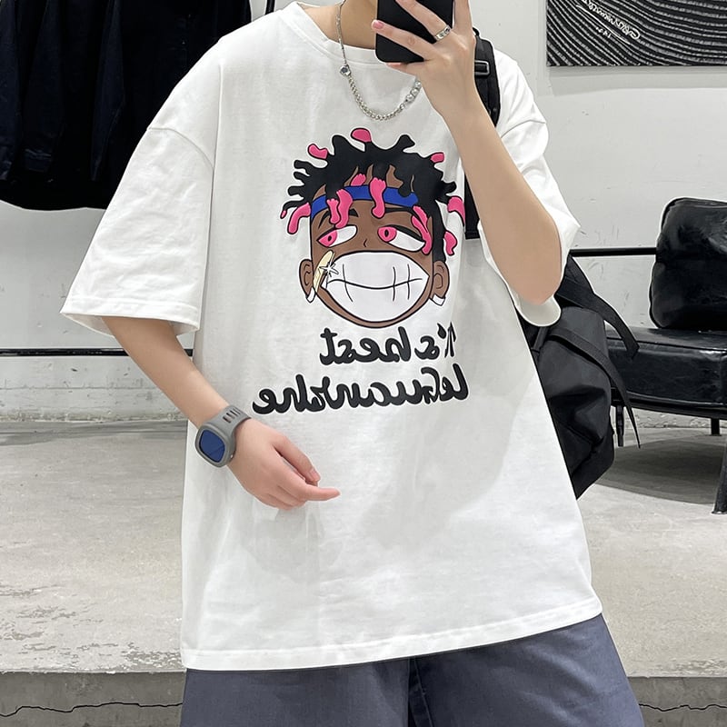 【BIGEMANシリーズ】★Tシャツ★ トップス 2color 男女兼用 メンズ 大きいサイズ 白 黒 夏 カートゥーン