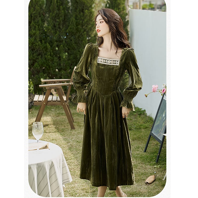 [Kasa Castle Series] ★One Piece★ Velvet Retro Green Green SML XL Party Wedding Date