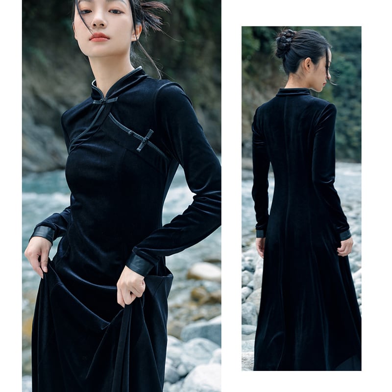 [Da Qinglong Shu Series] ★China style dress★ Velvet switching improved cheongsam dress slimming original