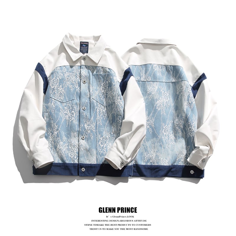 [GPstudio Series]★Jacket★ Outerwear Unisex Men's Unique Cotton Lace Switching Blue Blue