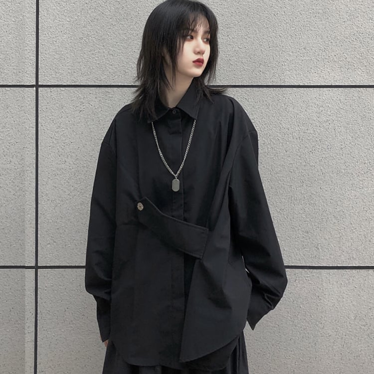 [Modern People Series]★Shirt★ Tops Black Black Free size Loose Harajuku style Irregular Unisex