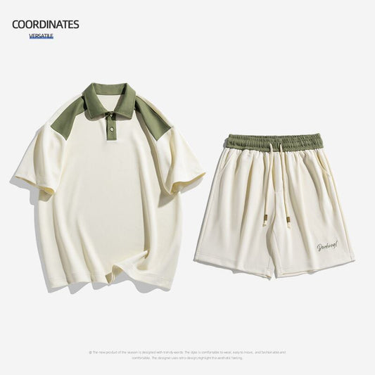 【藤伊曼シリーズ】★セットアップ★ 3color POLOシャツ+短パン 2点セット 上下セット 配色 シンプル 夏服