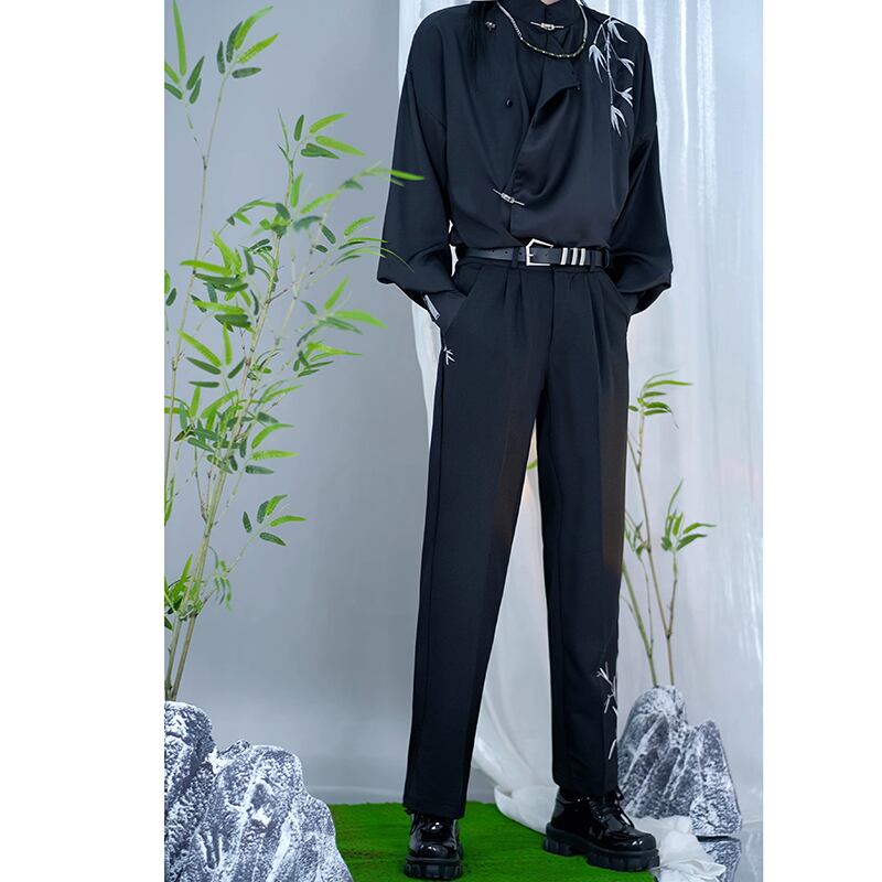 [Kuraho Koya Series]★China style trousers★Bottoms Bamboo embroidery Unisex Men's Black Black