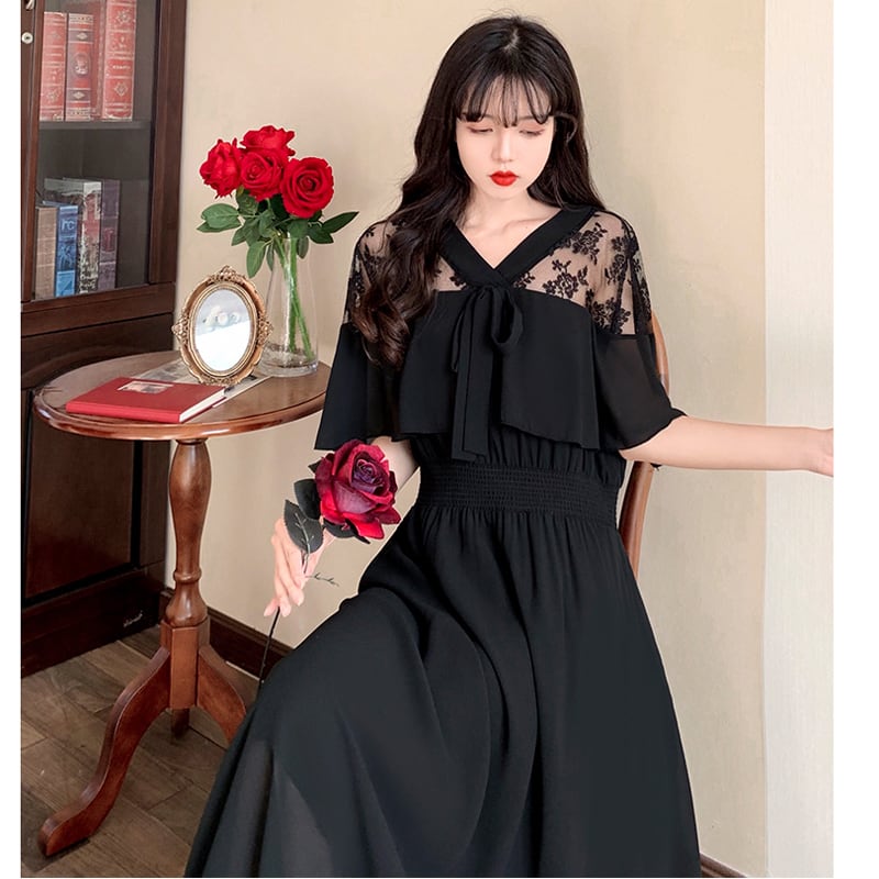 [Dong Xiaojie Series] ★Dress★ Large size lace chiffon switching black black V neck short sleeve summer