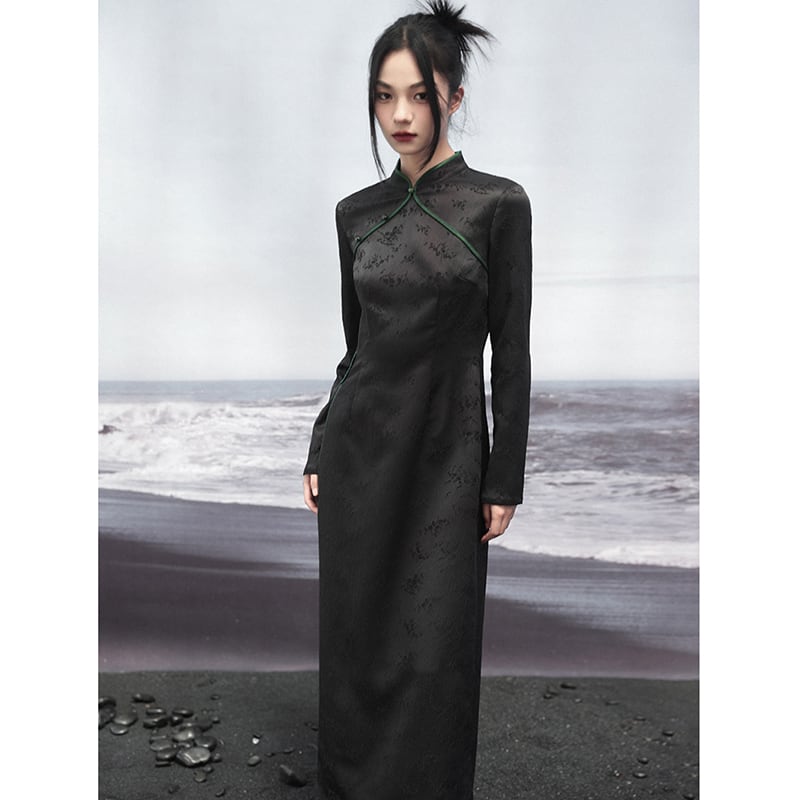 [Da Qinglong Shu Series]★Chinese style dress★ Improved Chinese dress, long sleeves, switching, long length, original, improves temperament, Chinese clothes, black