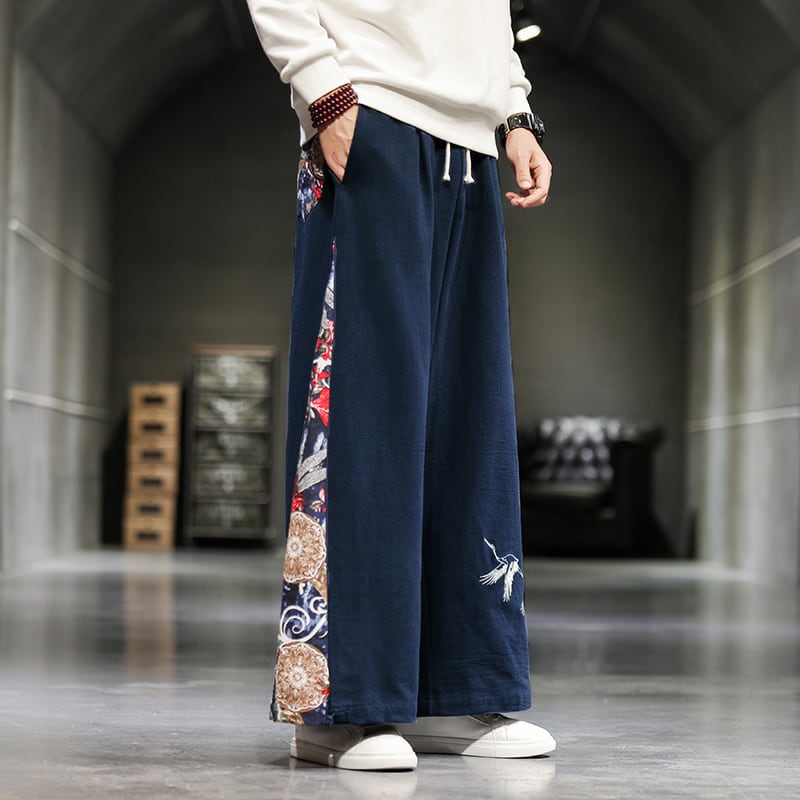 [Tsuncho Series] ★China style pants★ 3color wide pants black navy gray men's large size switching cool