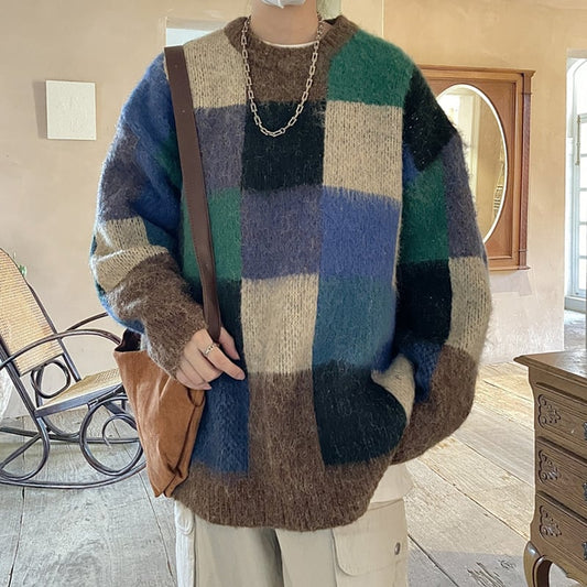 [Tetsusho Series]★Sweater★ 2color Knit Tops Unisex Men's Plaid Pattern Retro ML XL 2XL