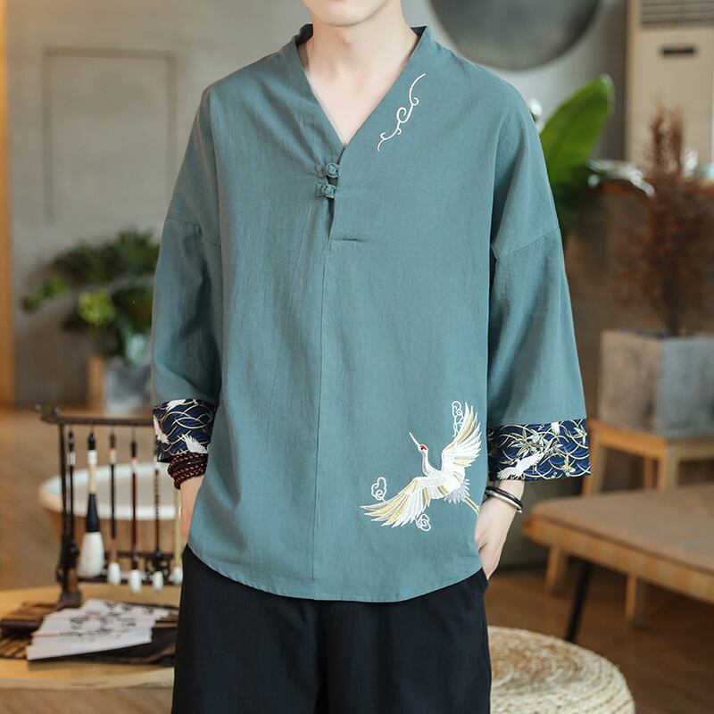 [Aoqiu Fish Series] ★China Style T-shirt★ 3color Tops Men's Unisex Crane Casual Chinese Clothes