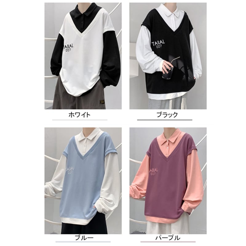 [PPG Series]★POLO Shirt★ 4color POLO Neck Tops Unisex Men's Long Sleeve Color Scheme Black Blue White Purple