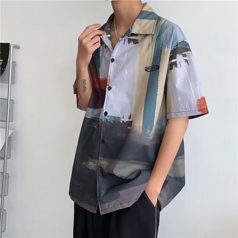 [BUKEXING Series]★Shirt★ Tops Unisex Men's Oil Painting Style Short Sleeve Thin Cool Unique Print