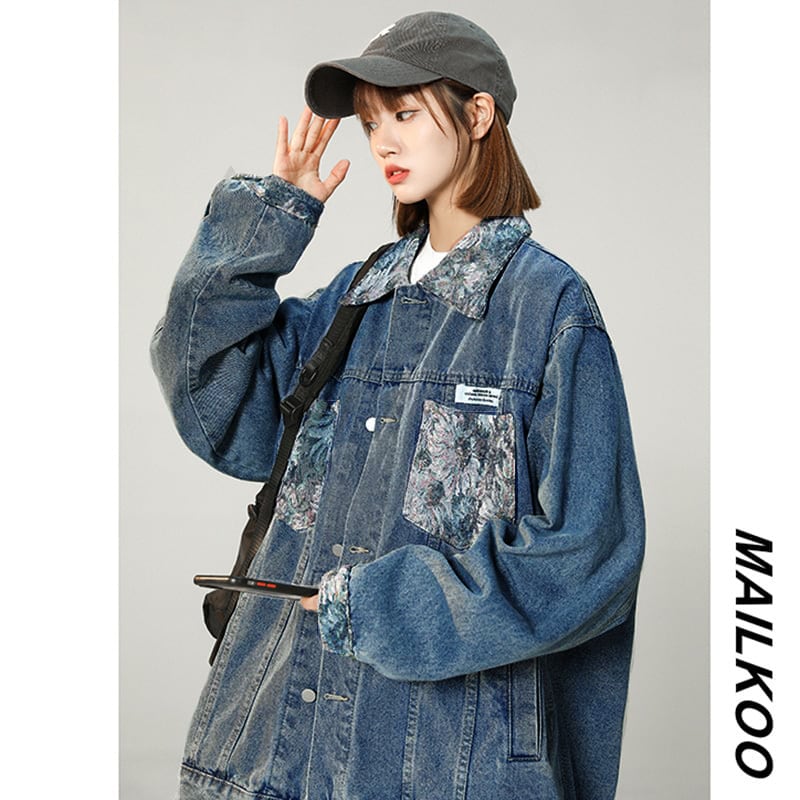 [Morimoto series]★Jacket★ Outerwear 2color Floral pattern Unisex Men's Denim Oil painting style Blue Blue