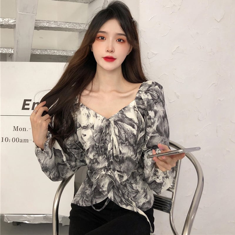 [YIPINXIAN Series]★Tops★ Floral Tops Blouse Short Length Cute Sexy V Neck