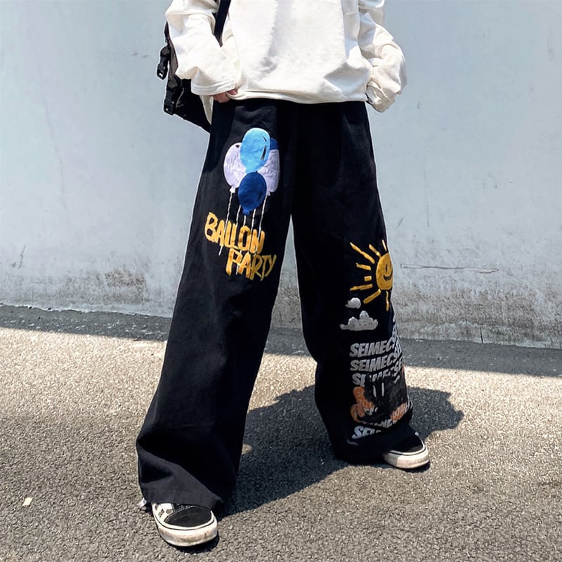 [ulzzang series]★Pants★ Wide pants denim pants black men's sun balloon graffiti cool bright