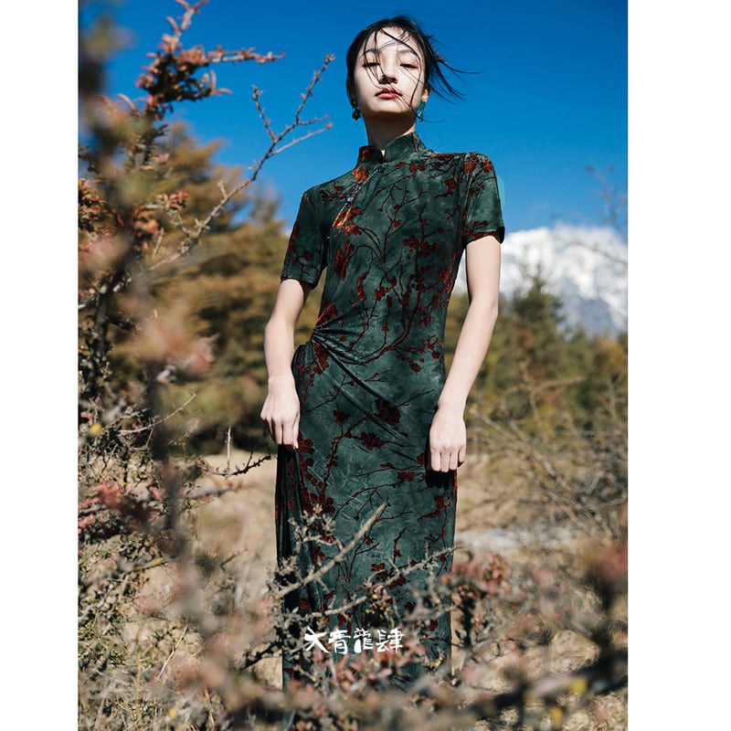 [Da Qinglong Shu Series]★China style dress★ Improved Chinese dress Sexy Velvet Long Length Original Photography Green Green Summer