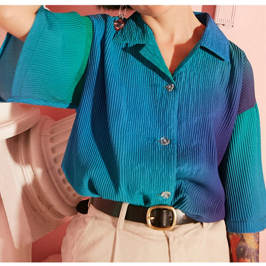 [Yangji Great Dream Series]★Shirt★ Tops Gradient Blue Blue V-neck Short Sleeve Shirt Loose