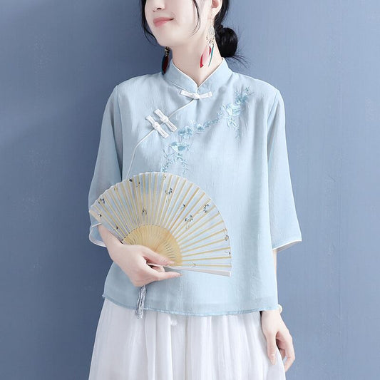 [Qing series]★China style tops★ 3color three-quarter sleeve color scheme blue white pink blue white retro literary style