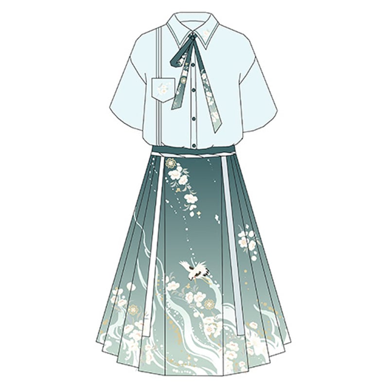 [Ikeka Series] ★Chinese-style setup★ Shirt + wrap skirt + ribbon Improved Hanfu Crane Blue Everyday Date Fireworks Festival