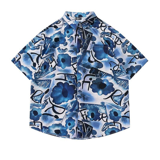 [JINKESEN Series]★Shirt★ Aloha Shirt Okinawa Hawaii Tops Thin Short Sleeve Shirt Unisex Men's Floral Pattern Shirt Blue