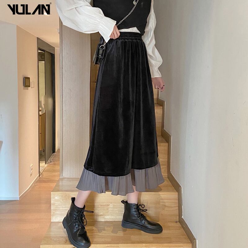 [Goran series] ★Long skirt★ Bottoms Velvet High waist Layered style Easy to match A-line