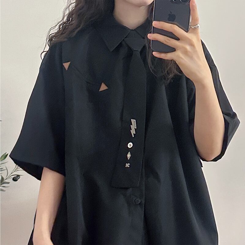 [UATONLINE Series]★Shirt with tie★ Tops, short sleeve shirt, unique, unisex, men's black, black