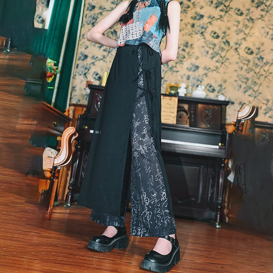 [Kokaisha---Shinkyo Series]★China style pants★Bottoms Gaucho pants Letter pattern switching Black Black