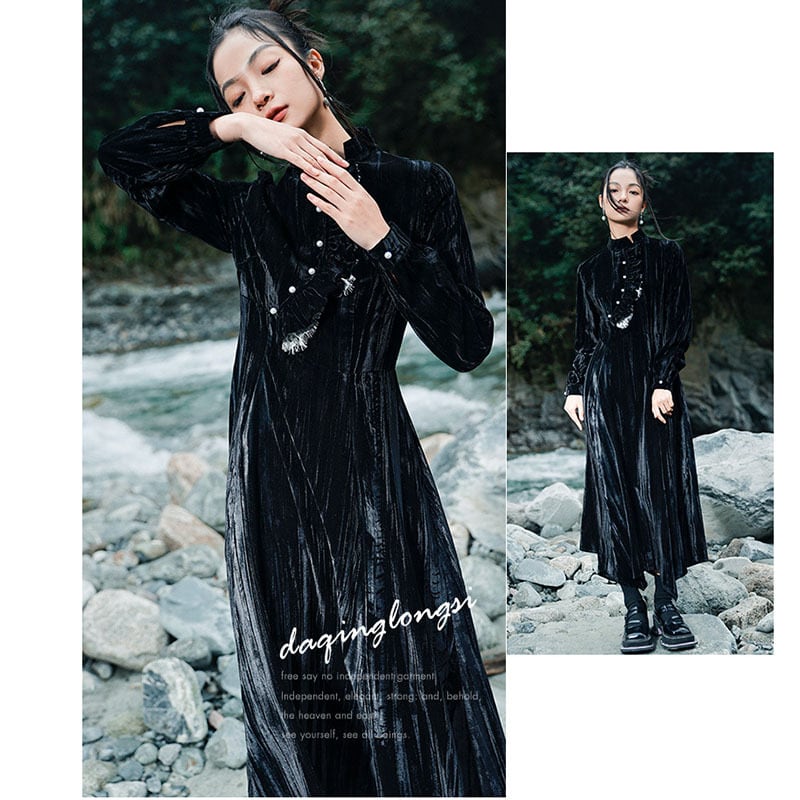 [Da Qinglong Shu Series] ★China style dress★ Improved cheongsam dress velvet long length black black improves temperament