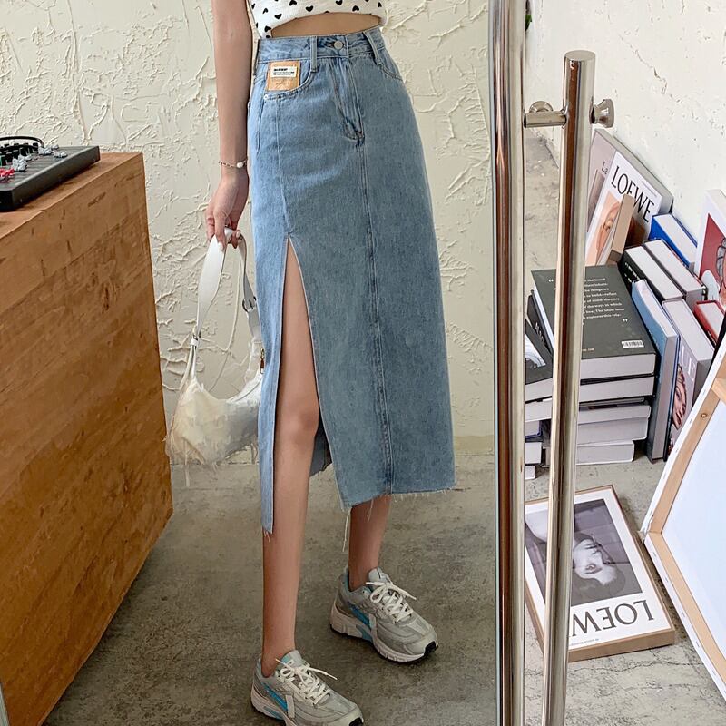 [XJXJ series] ★Long skirt★ Bottoms 2color denim high waist Black Blue Black Blue