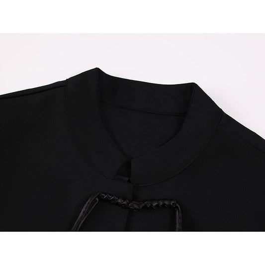 [LHSEN Series]★China-style tops★ Chinese-style shirt, mini length, slim fit, short sleeves, easy to match, black, black