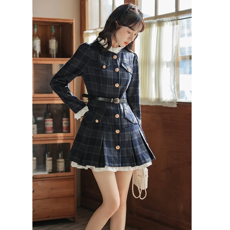 [MEIYI Series] ★One Piece★ Women's Short Length Plaid Pattern Commuting Date Office Lady Navy Improves Temperament