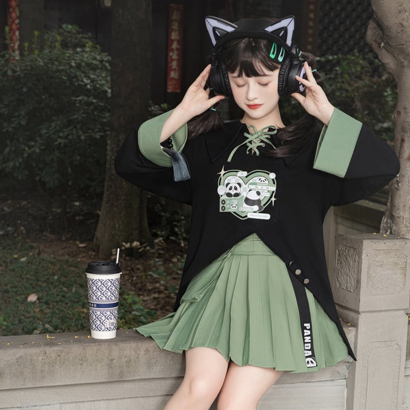 [Dust Smoke Cloud Dream---Dynamic Danko Series] ★Skirt★ Bottoms Pleated Skirt Green Green Panda S M L XL Cute Easy to match