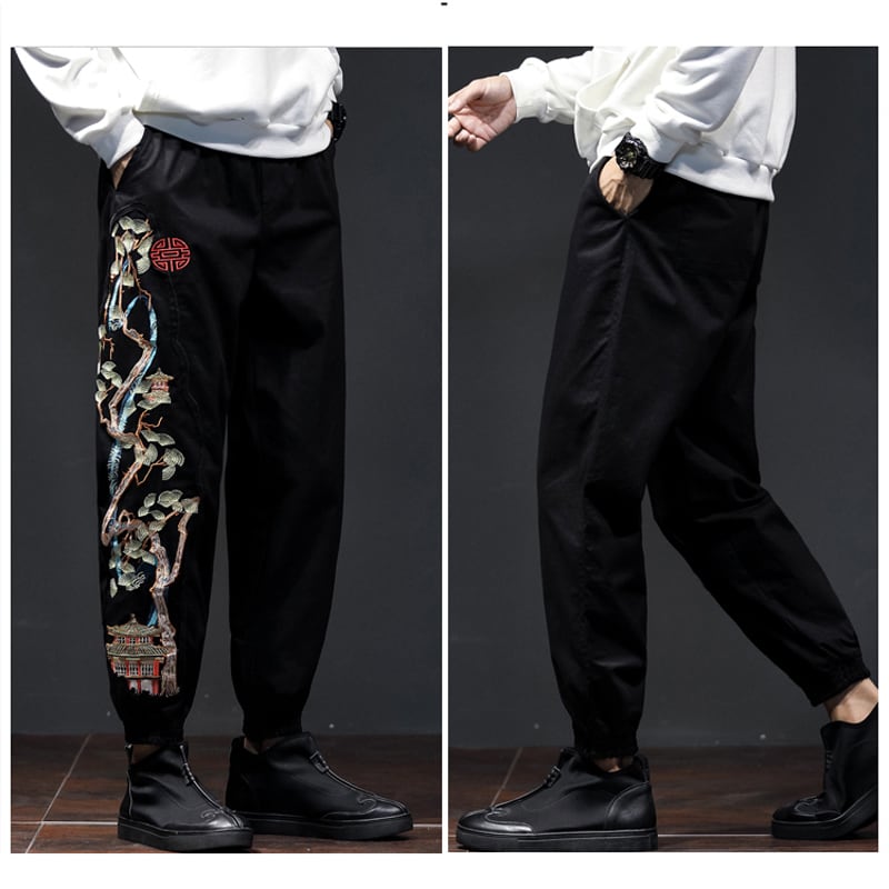 [Small Trouble Series] ★China style pants★ 3 colors Black or green or light brown Embroidery Floral pattern Unisex Large size