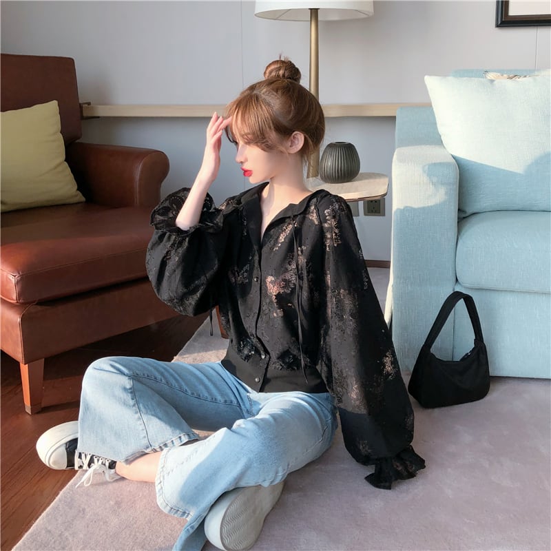 Shirt Blouse Lace Lantern Sleeve Free Size Black Loose Cute