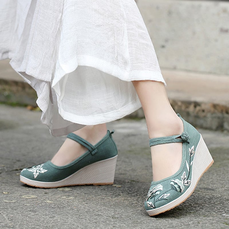 [JINGCHENG series] ★China style shoes★ Shoes 3color embroidery High heels 6.5cm Size 35-40 Tang clothing, cotton linen