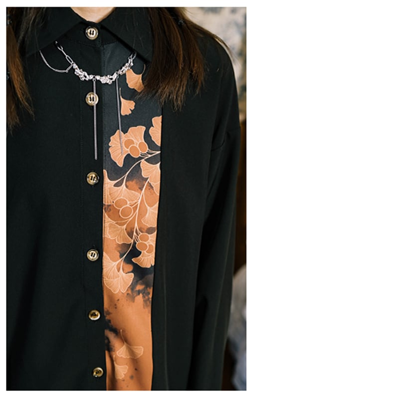 [Kokaisha --- Leaf Series] ★China style shirt★ Tops, long sleeve shirt, retro color scheme, cute black, orange