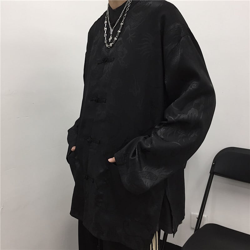 【長袖】 チャイナ風トップス シャツ 改良唐装 中華服 ブラック ホワイト 男女兼用 カップル服 M L XL