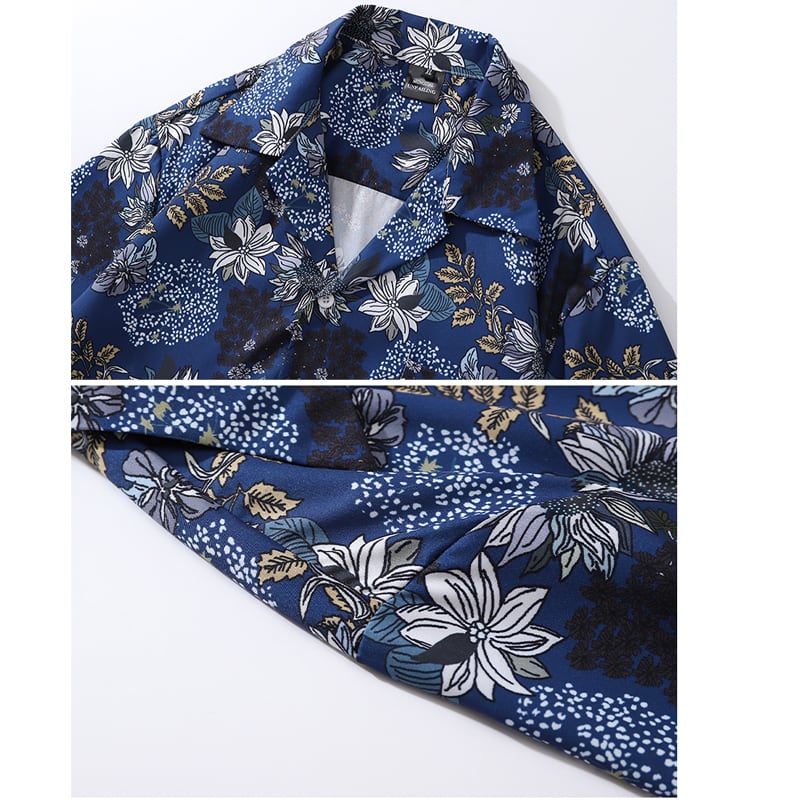 [TRAVEL ISSUANCE Series] ★Floral pattern shirt★ Unisex, men's, unique, loose, easy to match, dark blue, blue