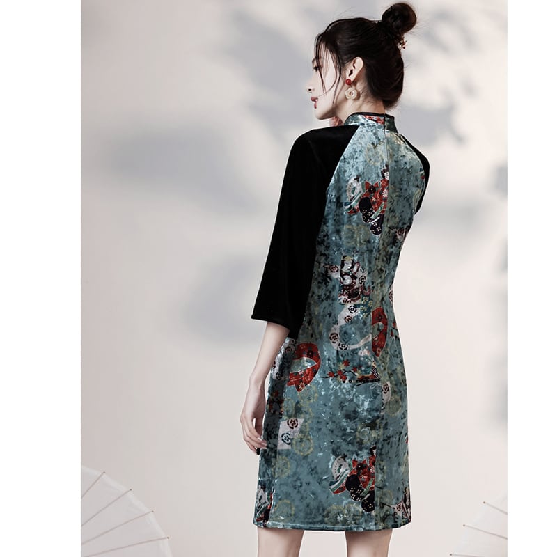 [YUEQIAO Series]★Cheongsam dress★Short length velvet Chinese style dress print retro