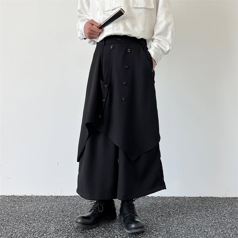 [Illustrated series] ★Pants★ Gaucho pants Unisex Men's Nine-quarter length Black Black Faux layered Culottes