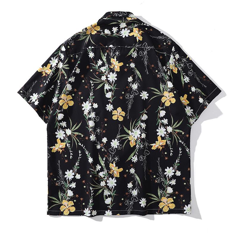 [TRAVEL ISSUANCE Series] ★Retro Shirt★ Floral Shirt Unisex Men's Loose Black Black