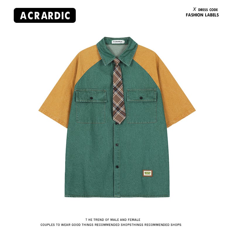 [ACRARDIC Series]★Shirt with tie★ 2color tops short sleeve shirt color scheme unisex men's denim shirt