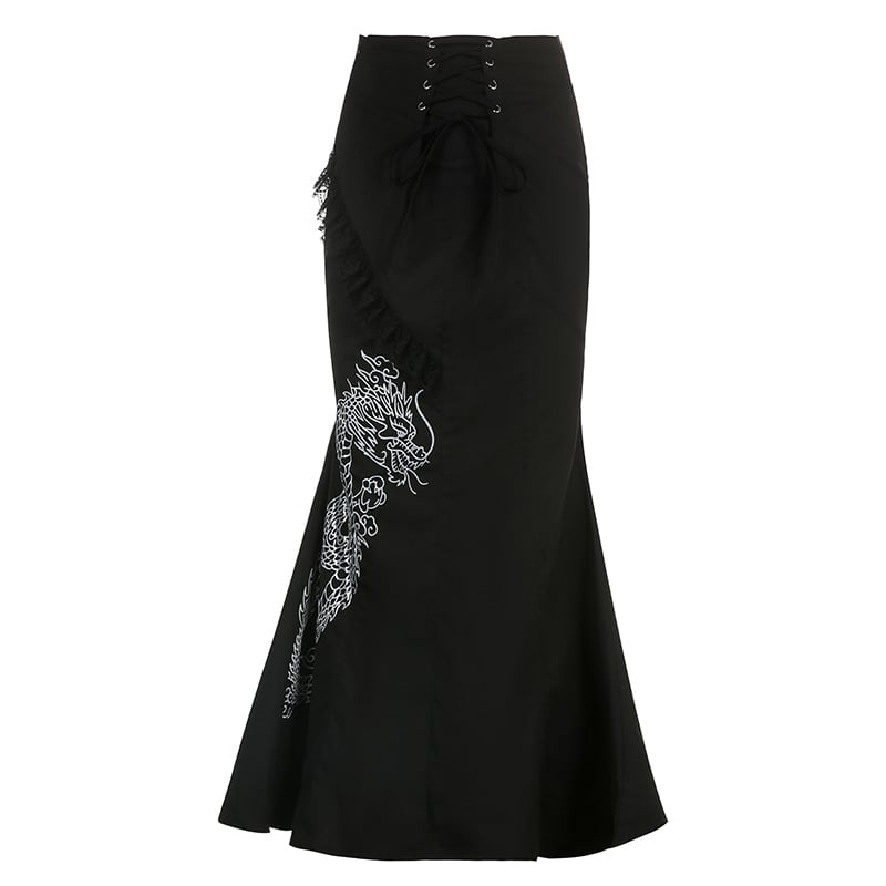 [HJIA Series]★China style skirt★ Bottoms Dragon Dragon pattern print Mermaid skirt Black Black