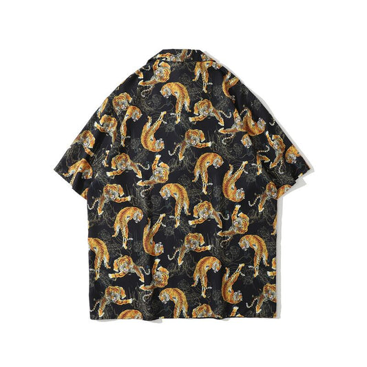 [TIANCAI Series]★Shirt★ Tiger Tiger Pattern Print Unisex Short Sleeve Loose ML XL 2XL Black Black