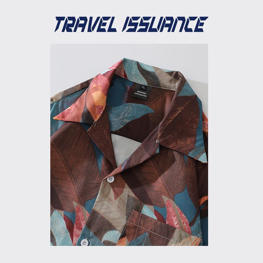 【TRAVEL ISSUANCEシリーズ】★シャツ★ 男女兼用 プリント 油絵風 半袖トップス 夏 ブラウン M L XL 2XL