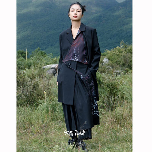 [Big Blue Dragon Series] ★China style coat★ Outer blazer Black Black lettering pattern Slimming changeover