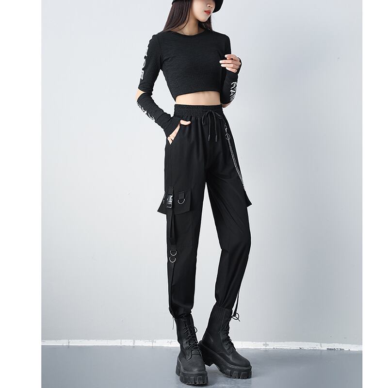 [AZE Series] ★Casual Pants★ Pants with Chains Bottoms Black Black Autumn Clothes Easy to Match and Slimming