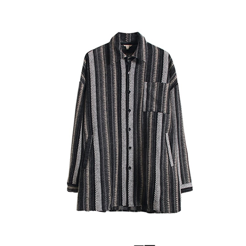 [Big Blue Dragon Series]★China style tops★ Shirt Vertical striped gray retro thick casual loose fitting